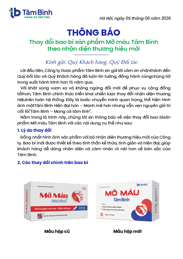 thông báo thay đổi mẫu mã Mỡ máu Tâm Bình